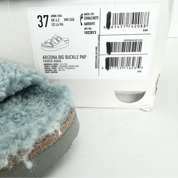 NWT Birkenstock Papillio Arizona Big Buckle Shearling fuzzy sandal blue 37/6 - Picture 15 of 16